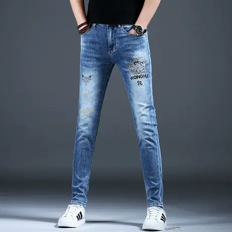 2024春季男士牛仔裤子时尚高端烫钻精致小脚裤棉弹百搭刺绣潮男裤商品大图
