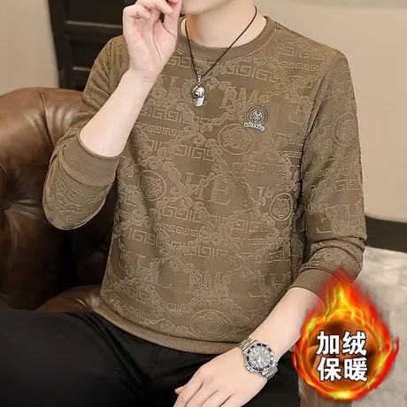 秋冬季男士圆领卫衣加绒加厚休闲百搭长袖T恤高档潮牌男装上衣服商品大图