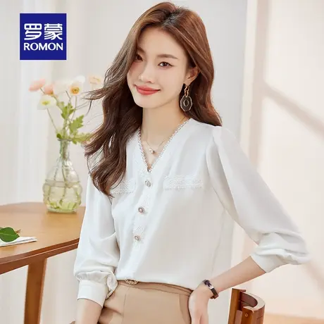 罗蒙女士V领长袖衬衫2024春季新款时尚职业气质优雅简约百搭衬衣图片