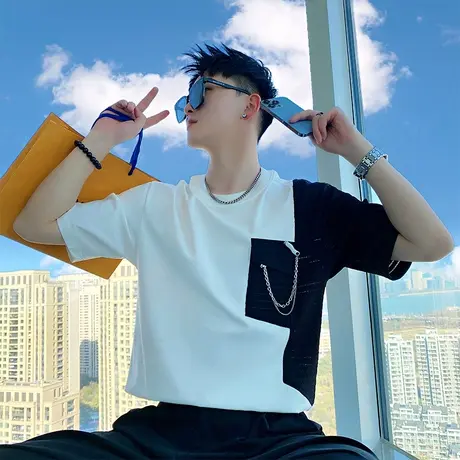 拼接t恤男ins潮流韩版撞色短袖上衣夏季薄款潮牌痞帅个性半袖体恤商品大图