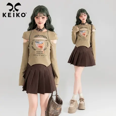 KEIKO 美式复古开缝长袖T恤女2024春夏设计感小个子修身显瘦小衫图片