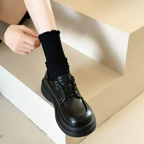 单鞋女2024新款女鞋春秋英伦风小皮鞋女款鞋子黑色系带厚底乐福鞋商品大图