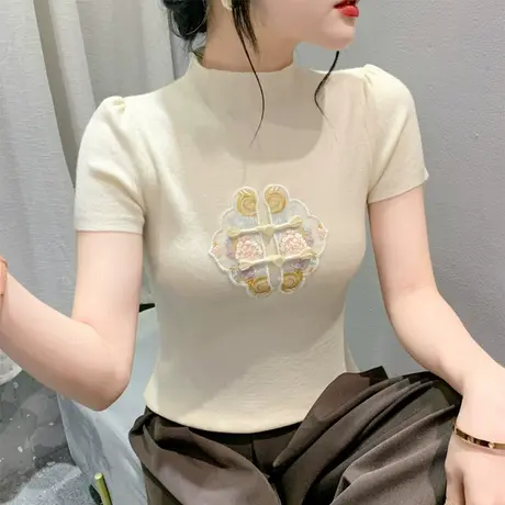 欧货女装复古改良盘扣T恤女泡泡短袖气质小衫时尚刺绣修身上衣ins商品大图