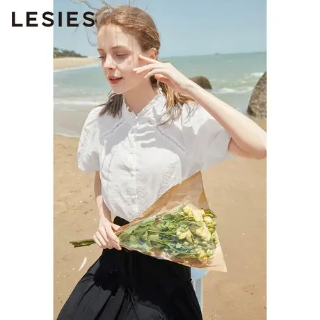 LESIES蓝色倾情夏装新款女装优雅花边立领泡泡袖纯棉法式衬衫上衣图片