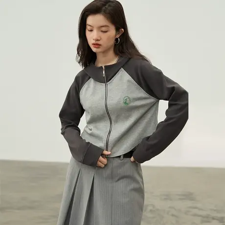 omont蛋挞家 复古慵懒连帽卫衣女2023秋季新撞色印花长袖外套上衣图片