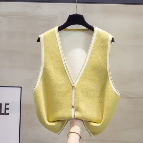 拼色v领针织开衫马甲背心女2023秋装新款宽松马夹外穿毛衣坎肩潮商品大图