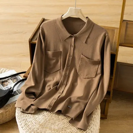 享永子衬衫领针织开衫女春秋文艺复古休闲显瘦百搭上衣针织衬衣女商品大图