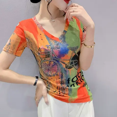 性感网纱T恤女短袖2023新款时尚V领小衫设计感印花烫钻洋气上衣夏图片