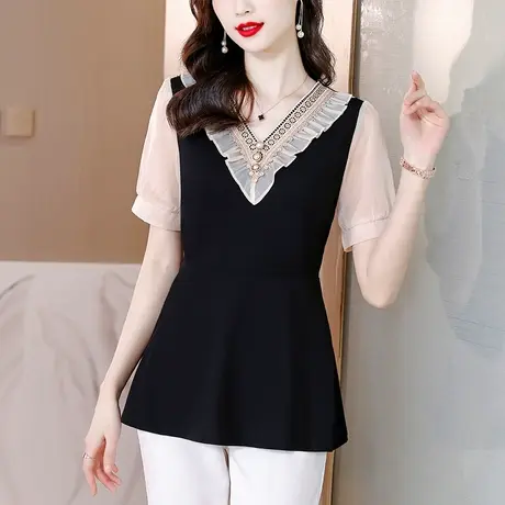 短袖t恤女夏季2023新款欧美微胖大码女装胖mm遮肚子上衣藏肉显瘦商品大图