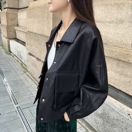 黑色翻领休闲时尚韩版宽松pu小皮衣外套女2022年新款设计感小个子图片
