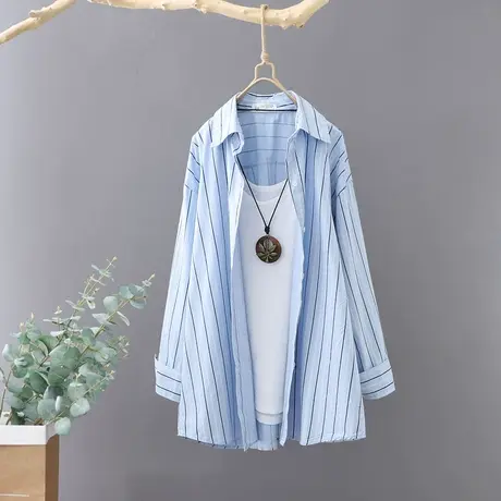 文艺范条纹衬衫女长袖中长款休闲宽松外套衬衣春季新品百搭开衫潮图片