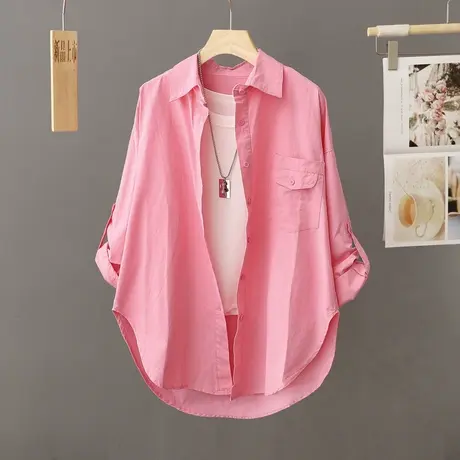 设计感小众玫红色衬衫女春秋季2023新款长袖上衣纯棉叠穿衬衣外套商品大图
