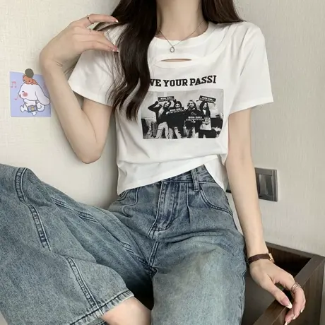 美式复古独特别致修身正肩印花t恤女短袖夏季镂空辣妹上衣设计感商品大图