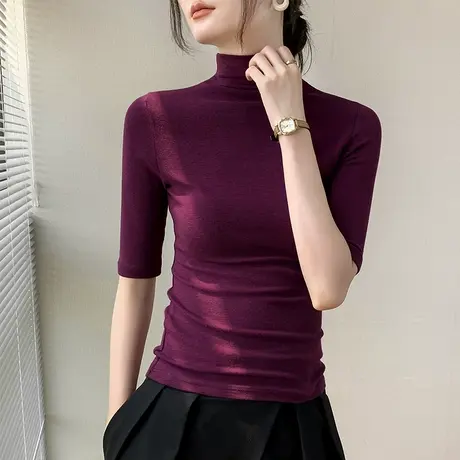 歌倍尚半高领五分袖打底衫2023早秋新款西装内搭纯色简约半袖上衣商品大图