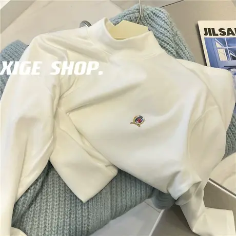 秋冬德绒打底衫女2022新款宽松百搭校园风刺绣半高领内搭软糯上衣商品大图