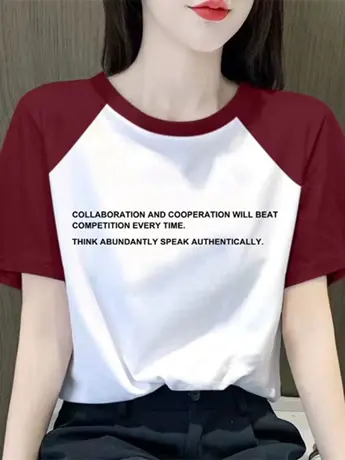 仿棉短袖t恤女2023新款夏季美式复古潮牌小众设计感撞色正肩上衣图片