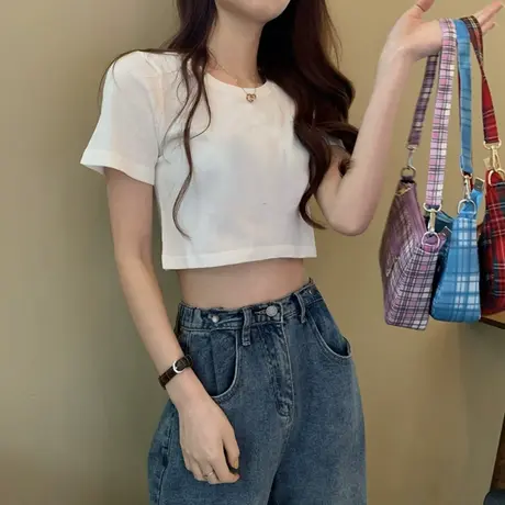 2023年网红夏季新款短款女装复古性感露脐上衣服ins超火短袖T恤潮图片