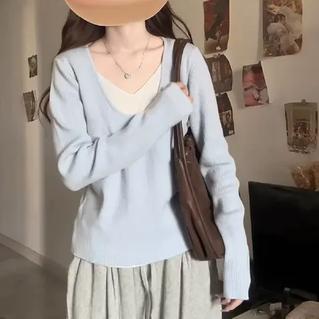 假两件针织打底衫女秋季2023新款软糯宽松设计感小众长袖t恤上衣图片