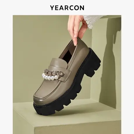 意尔康英伦厚底小皮鞋女2023秋新款真皮粗跟乐福鞋复古增高单鞋女商品大图