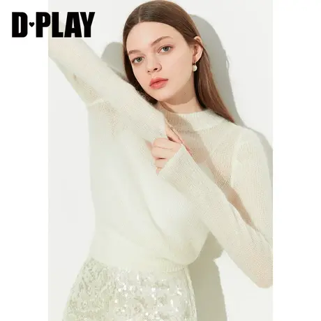 DPLAY2023夏温柔软糯舒适奶油白短款圆领捏褶长袖套头针织衫上衣商品大图