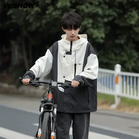 VIISHOW冲锋衣外套男春秋季美式潮牌拼接撞色防风宽松连帽夹克商品大图
