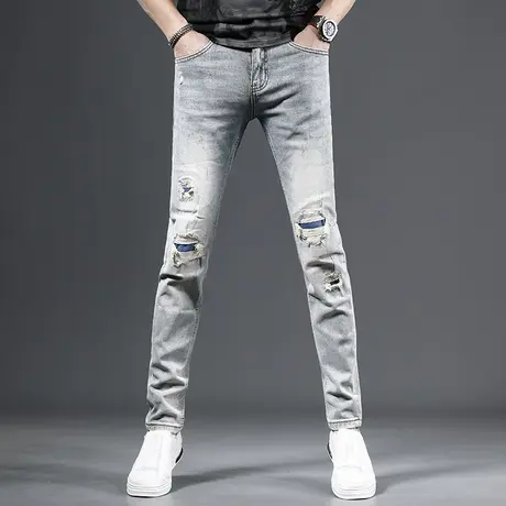 2023新款高端复古蓝破洞牛仔裤男潮牌修身小脚裤烂洞补丁男士裤子商品大图