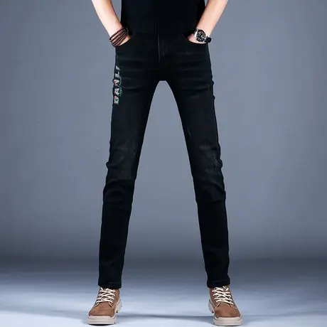 2023百搭新款男士牛仔裤男黑色夏季修身印花小脚裤男潮牌棉弹百搭商品大图
