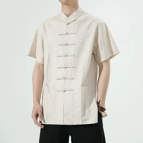 新中式男装短袖亚麻衬衫男夏季宽松大码盘扣唐装潮流中国风衬衣商品大图