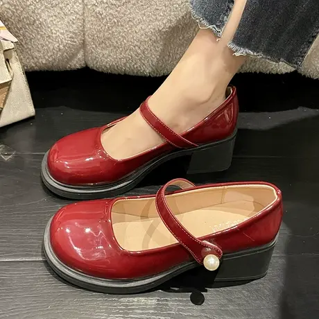 酒红色森系英伦风小皮鞋女法式复古单鞋2023春季新款玛丽珍高跟鞋商品大图
