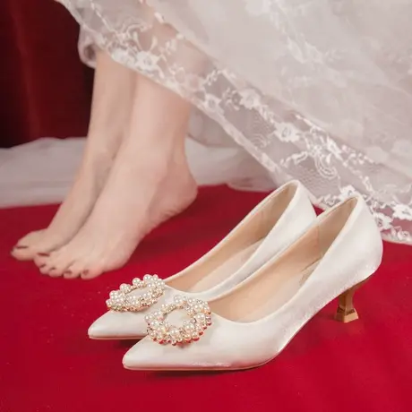 永希单鞋女2023年春秋新款中式尖头一脚蹬伴娘鞋仙女风细跟高跟鞋图片