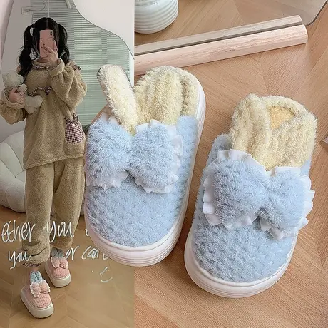 家居包头棉拖甜美蝴蝶结毛毛鞋2023秋冬新款踩屎感厚底保暖棉拖鞋商品大图