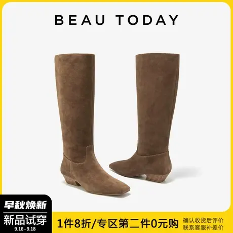 BeauToday秋季长筒靴女2023新款BT棕色皮靴女复古骑士靴女瘦瘦靴图片