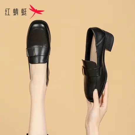 红蜻蜓乐福鞋女单鞋2023春夏新款通勤英伦风小皮鞋粗跟软底旗舰店商品大图