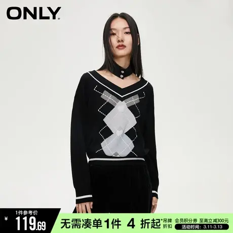 ONLY春秋时尚显瘦宽松学院风V领格纹撞色长袖针织衫女|122324803商品大图