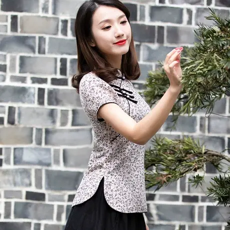 筠雅唐装女装中国风旗袍式上衣棉麻复古短袖中式时尚盘扣茶服禅服商品大图