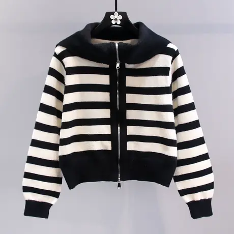 黑白条纹拉链毛衣外套女秋冬2023年新款小个子设计感洋气针织开衫图片