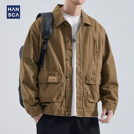 hansca日系潮牌卡其色工装夹克男士秋季纯棉宽松大码痞帅牛仔外套图片