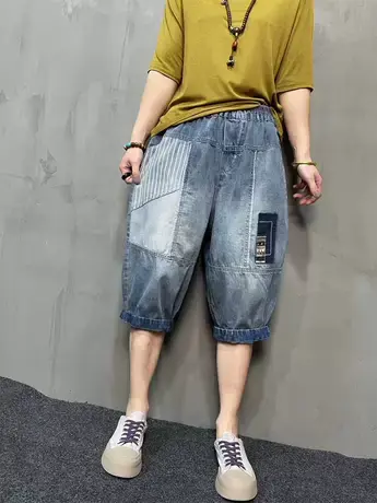 欧货水洗磨白五分牛仔裤女个性贴布宽松显瘦洋气垮裤薄款哈伦短裤商品大图