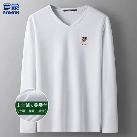 罗蒙含桑蚕丝V领t恤男长袖T恤男休闲舒适简约男式T恤图片