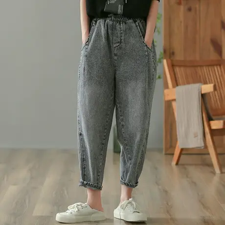 dza 高腰显瘦灰色直筒牛仔裤子女士春秋宽松阔腿裤休闲百搭哈伦裤商品大图