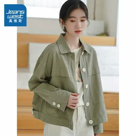 LE真维斯女装2025春季新款 韩版文艺风翻领女长袖宽松休闲外套图片