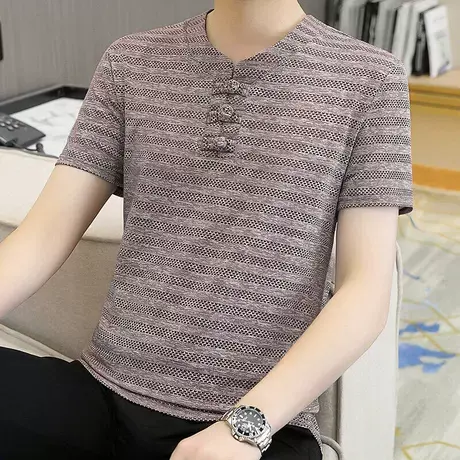 短袖t恤男中青年夏潮流韩版冰丝V领镂空T恤修身男装鸡心领半袖男商品大图