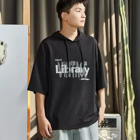 唐狮夏季新款青少年连帽半袖卫衣男休闲宽松黑色上衣薄款潮牌商品大图
