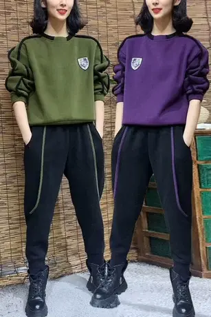 加绒加厚休闲卫衣运动套装女2023年秋冬新款女装时尚宽松两件套女商品大图