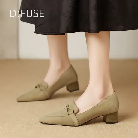 Dfuse迪芙斯尖头磨砂时尚真皮单鞋女2025春季新款粗跟复古皮鞋图片