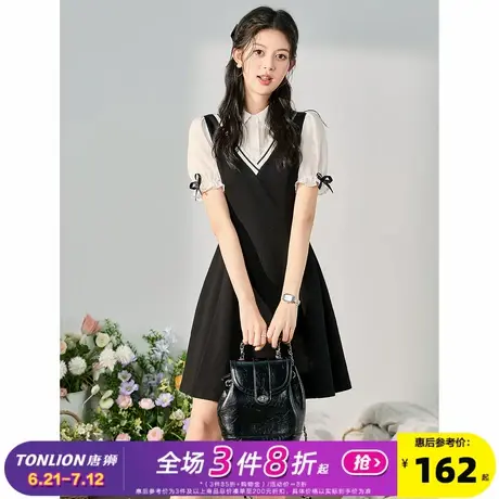 唐狮2025新款女衬衣领假两件拼接连衣裙夏小个子甜美v领流行l3图片