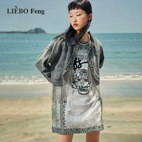 裂帛LIEBOFeng商场同款2023年国潮刺绣流苏设计师短款牛仔外套女图片