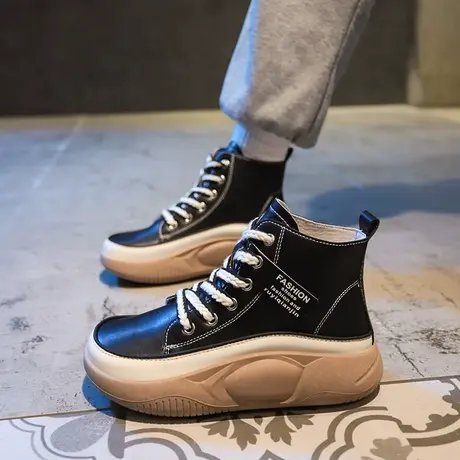 高级感小白鞋女2023春季新款爆款小众厚底休闲皮面超火运动高帮鞋商品大图