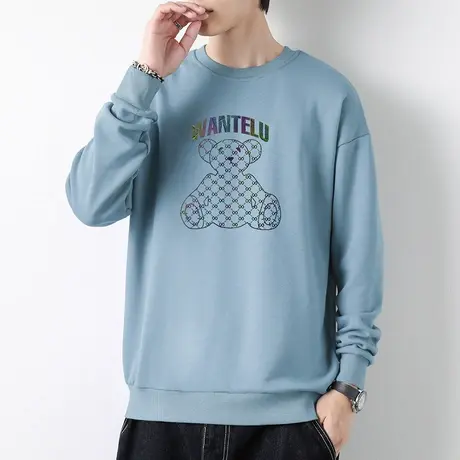 2023新款小熊卫衣男潮ins春秋款宽松潮流圆领无帽上衣加绒长袖t恤商品大图