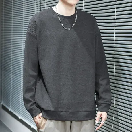 重磅华夫格圆领卫衣男秋冬季加绒加厚保暖纯色长袖t恤无帽上衣服商品大图